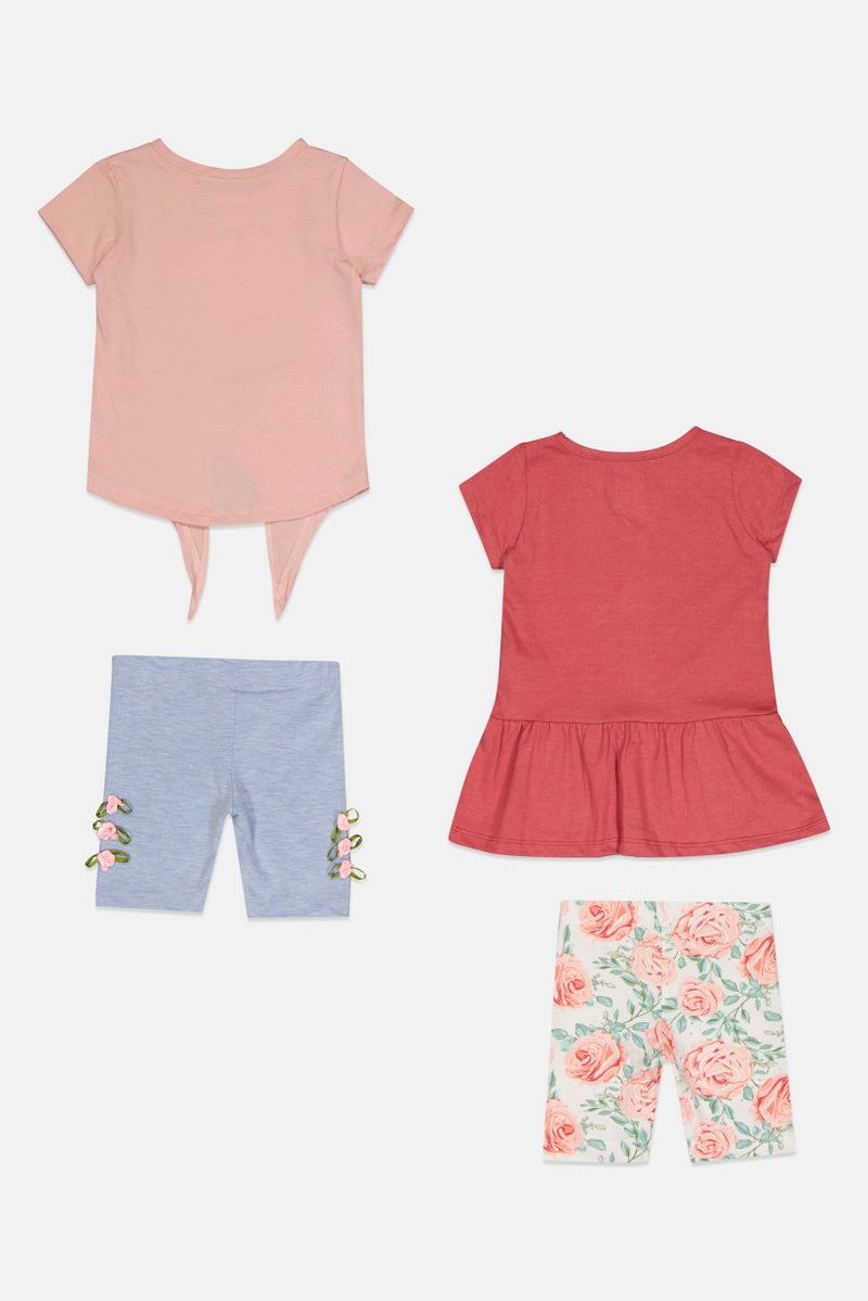 Freestyle طقم تي شيرت وشورت مزخرف بالأزهار للفتيات الصغيرات 4 قطع، متعدد الألوان - Image 3